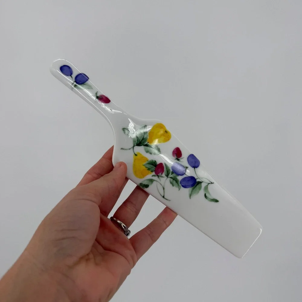 Vintage Japan Ceramic Cake Pie Server Fruit Motif Pears Grapes White Porcelain